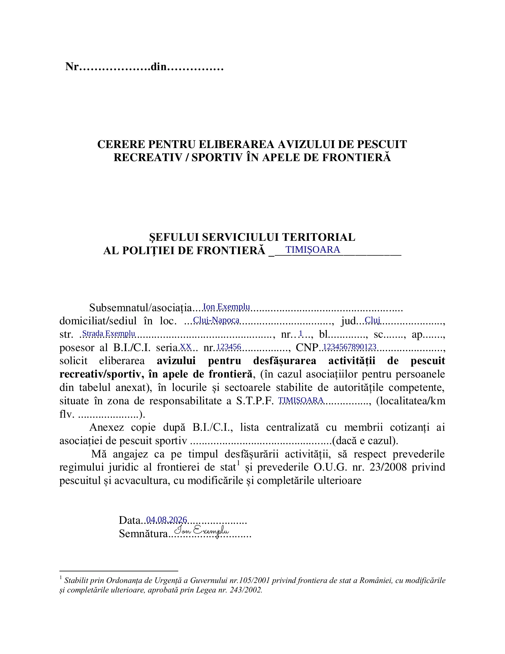 Exemplu de cerere completată automat, cu date fictive (Ion Exemplu), gata de generat ca PDF